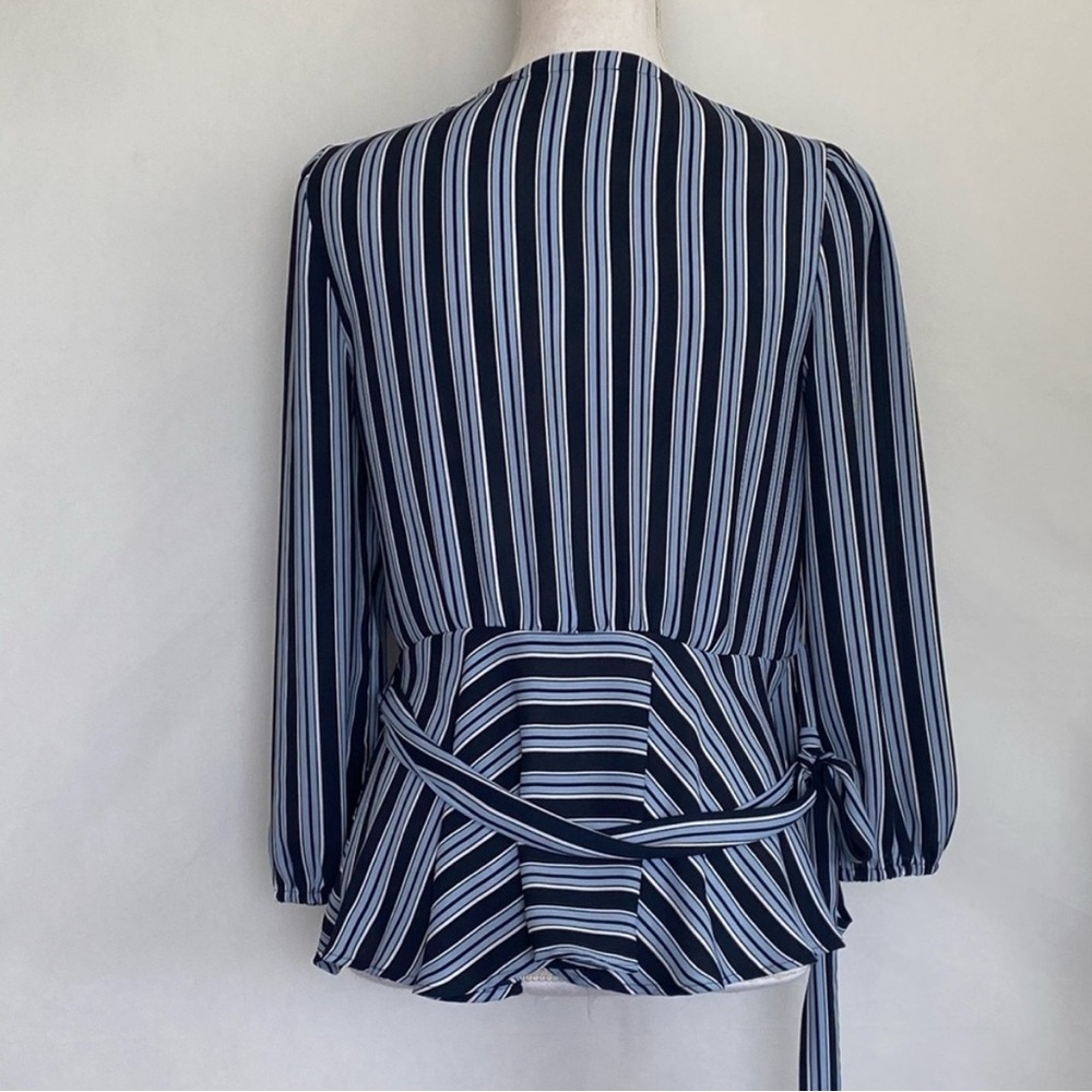 LOFT Navy, Pale Blue and White Striped smart Wrap Blouse - Picture 8 of 9